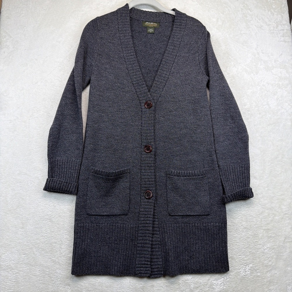 Eddie Bauer Cardigan Womens XS Gray 100% Merino Wool Longline Button Sweater